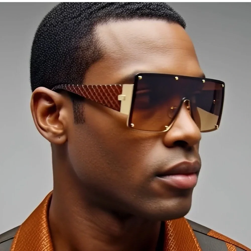 Shield Sunglasses Men Oversized Flat Top Rivet Detail‎ Brown Fashion Luxury
